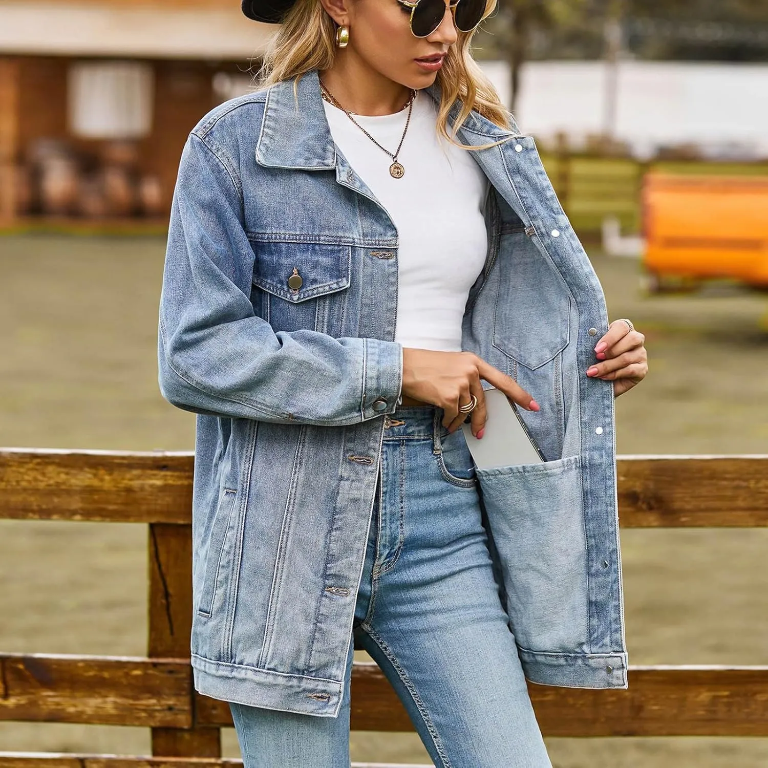 Women's Oversized Denim Jacket Distressed Lapel Collar Boyfriend Long Sleeve Vintage Button Down Jean Jacket Shacket