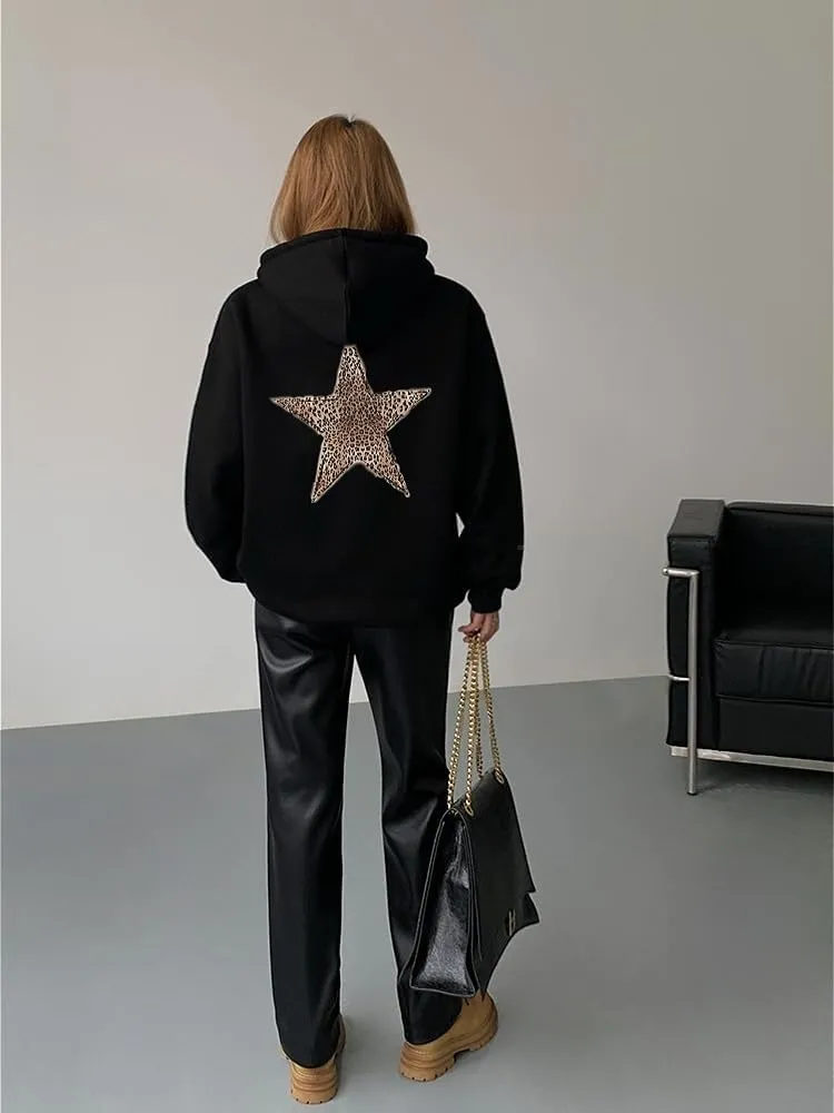 Womens Oversized Hoodies Leopard Star Print Y2k Hooded Sweatshirt Trendy Vintage Unisex Pullover Tops with Pocket