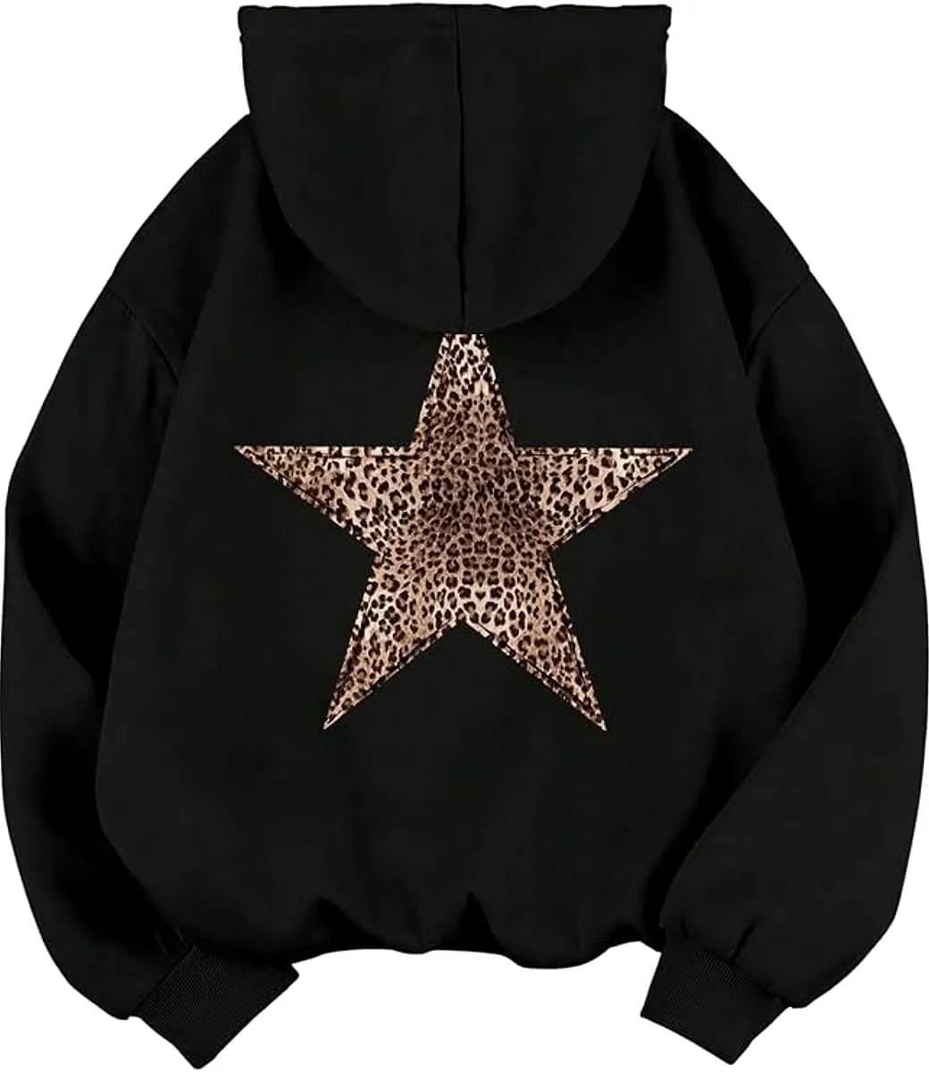 Womens Oversized Hoodies Leopard Star Print Y2k Hooded Sweatshirt Trendy Vintage Unisex Pullover Tops with Pocket