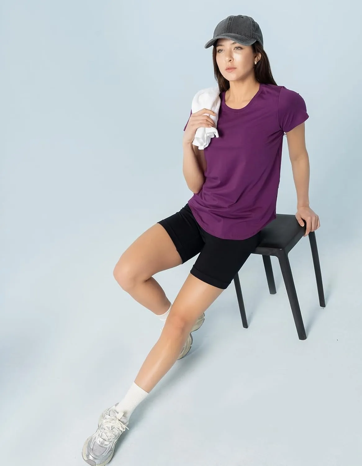 Women's Pima Cotton Short Sleeve Workout Shirt Athletic Yoga Tops Curved-Hem Crewneck T-Shirt