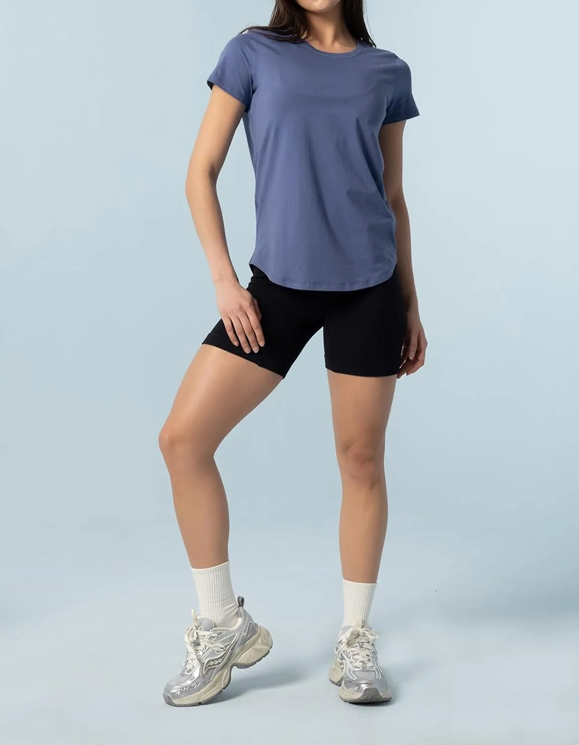 Women's Pima Cotton Short Sleeve Workout Shirt Athletic Yoga Tops Curved-Hem Crewneck T-Shirt