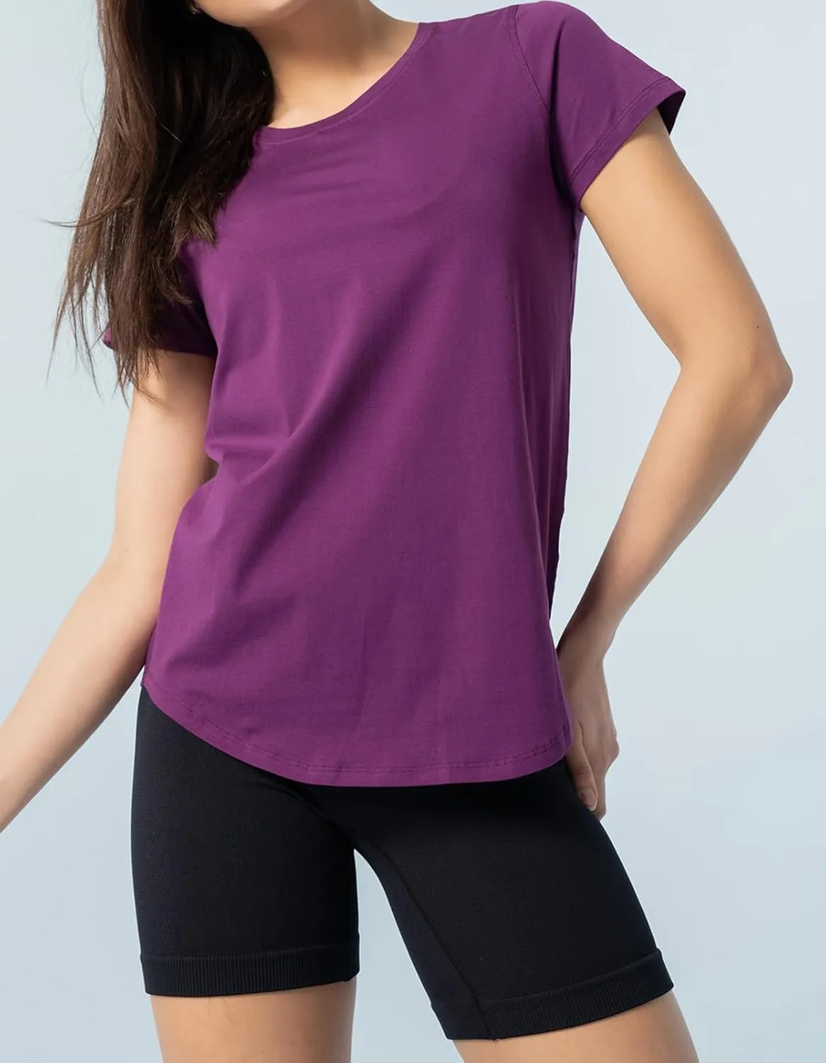 Women's Pima Cotton Short Sleeve Workout Shirt Athletic Yoga Tops Curved-Hem Crewneck T-Shirt