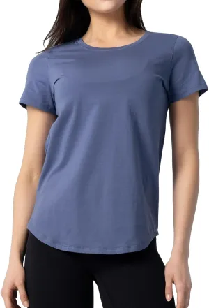 Women's Pima Cotton Short Sleeve Workout Shirt Athletic Yoga Tops Curved-Hem Crewneck T-Shirt