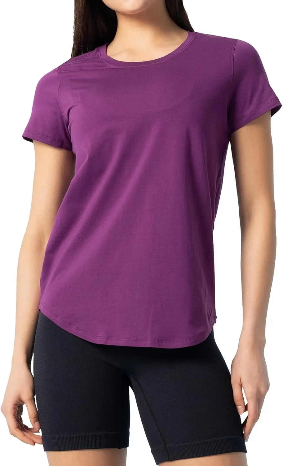 Women's Pima Cotton Short Sleeve Workout Shirt Athletic Yoga Tops Curved-Hem Crewneck T-Shirt