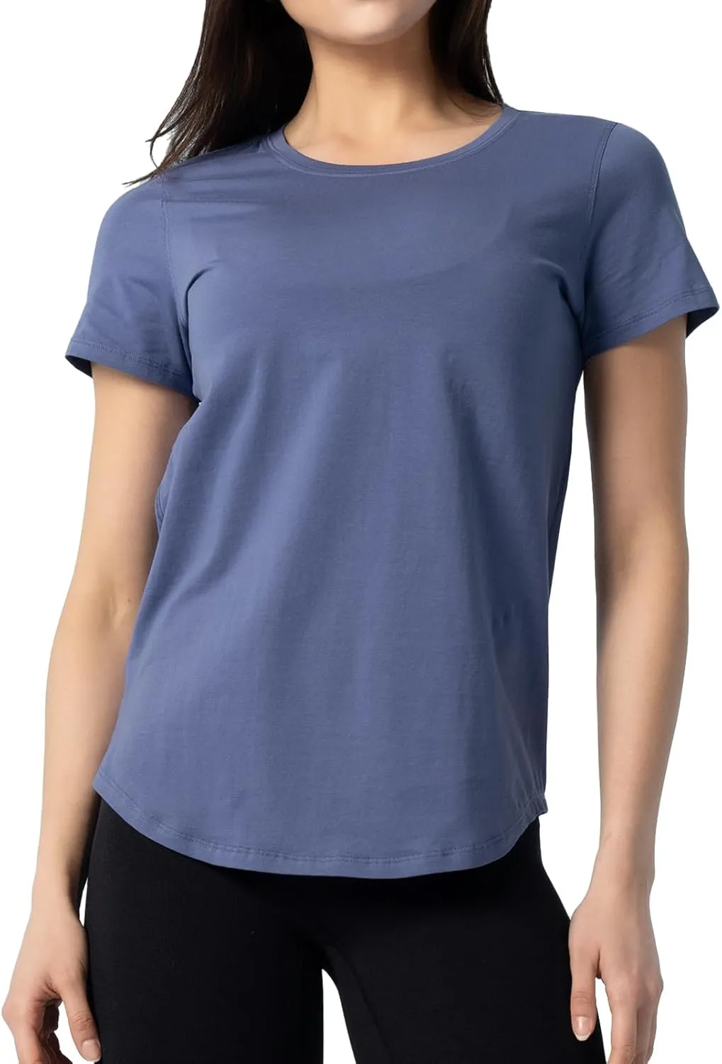 Women's Pima Cotton Short Sleeve Workout Shirt Athletic Yoga Tops Curved-Hem Crewneck T-Shirt