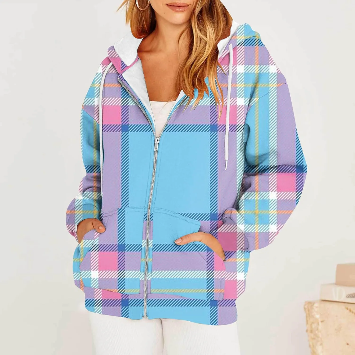 Womens Plaid Jackets 2025 Zipper Hooded Plaid Drawstring Sweatshirt Loose Long Sleeve Oversized Plaid Hoodie Jackets