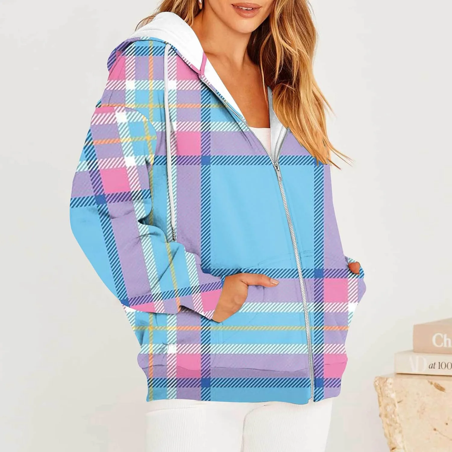 Womens Plaid Jackets 2025 Zipper Hooded Plaid Drawstring Sweatshirt Loose Long Sleeve Oversized Plaid Hoodie Jackets