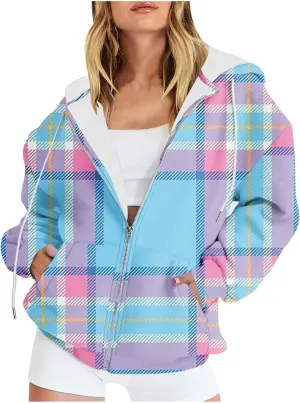 Womens Plaid Jackets 2025 Zipper Hooded Plaid Drawstring Sweatshirt Loose Long Sleeve Oversized Plaid Hoodie Jackets