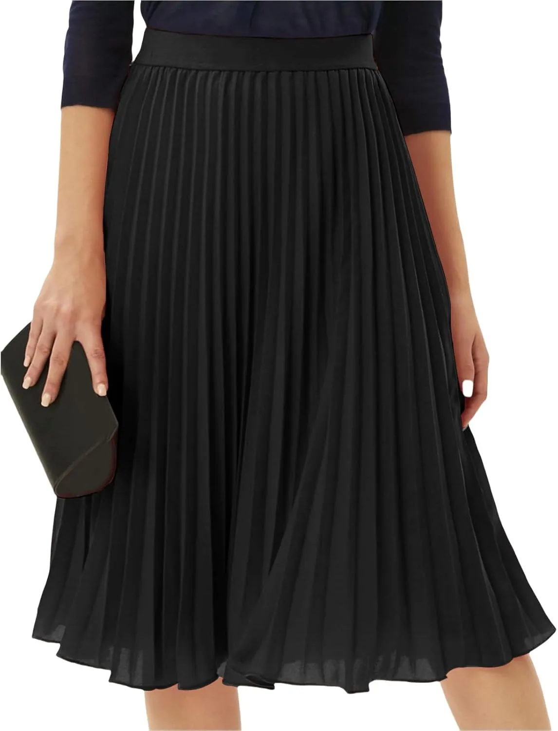 Womens Pleated Midi Skirt High Elastic Waist Chiffon Skirt Knee Length Swing A-Line Casual Flowy Skirts