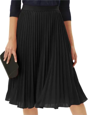 Womens Pleated Midi Skirt High Elastic Waist Chiffon Skirt Knee Length Swing A-Line Casual Flowy Skirts