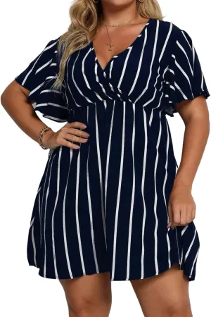 Women's Plus Size Dress Striped Print Wrap V Neck Short Sleeve A Line Dresses Summer Casual Tunic Fashion Dress