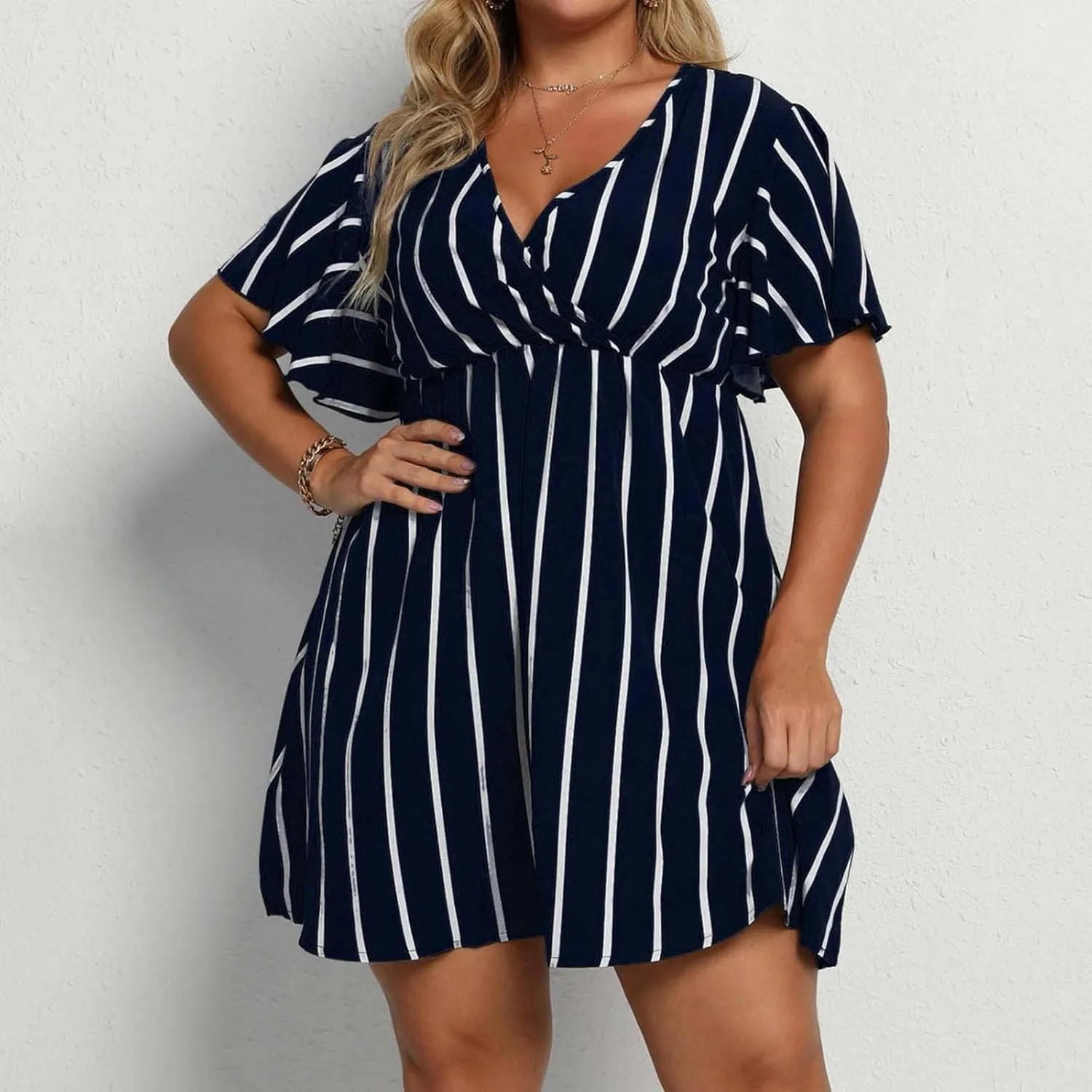 Women's Plus Size Dress Striped Print Wrap V Neck Short Sleeve A Line Dresses Summer Casual Tunic Fashion Dress