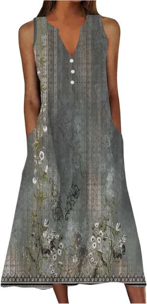 Women's Plus Size Summer Floral Print Casual Dress Vintage Sleeveless Neck V-Neck Long Tank Dress with Pockets