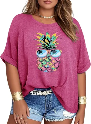 Womens Plus Size Summer Tops Oversized Half Sleeve Crew Neck T Shirts Loose Fit Tee Top Flowy Casual Blouses XL-5XL