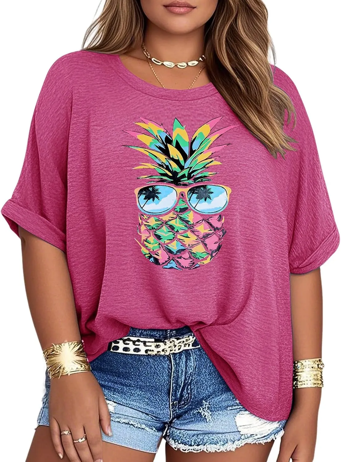 Womens Plus Size Summer Tops Oversized Half Sleeve Crew Neck T Shirts Loose Fit Tee Top Flowy Casual Blouses XL-5XL