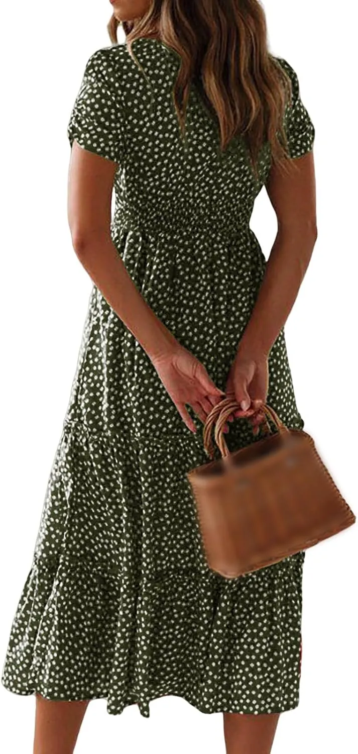 Womens Polka Dot Dress Summer Casual Square Neck High Waist Tiered Flowy Long Dresses Boho A Line Beach Dress