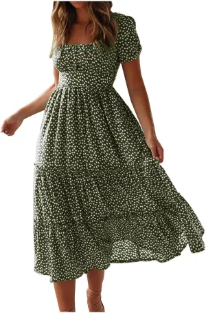 Womens Polka Dot Dress Summer Casual Square Neck High Waist Tiered Flowy Long Dresses Boho A Line Beach Dress