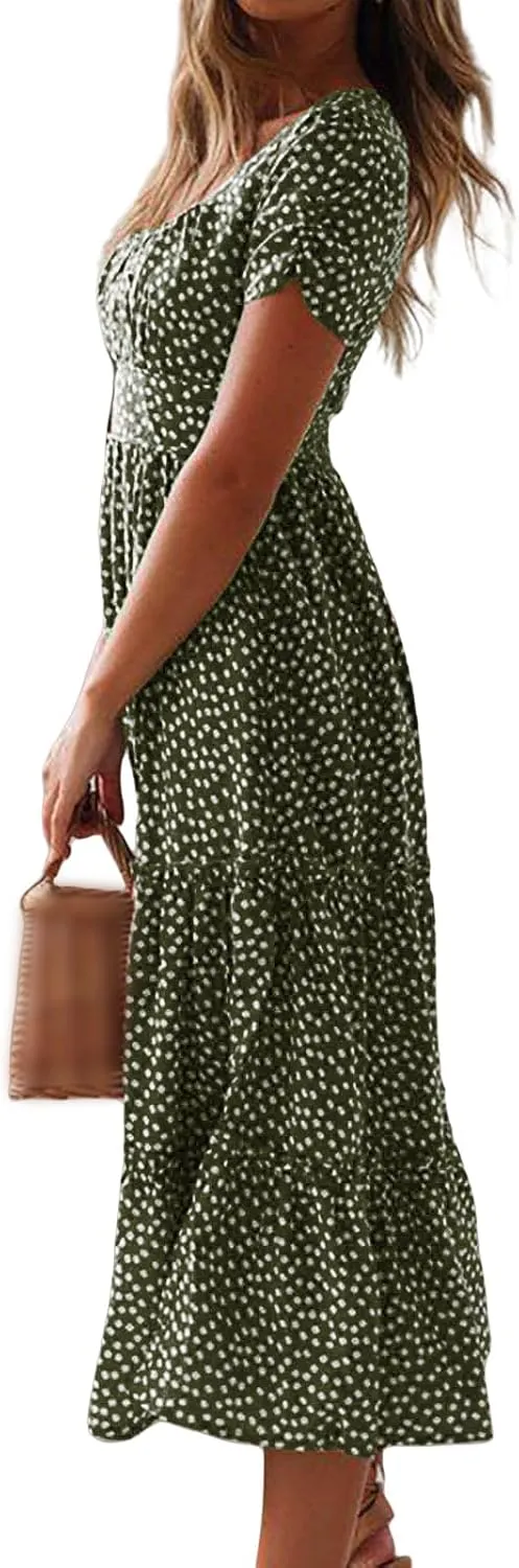 Womens Polka Dot Dress Summer Casual Square Neck High Waist Tiered Flowy Long Dresses Boho A Line Beach Dress