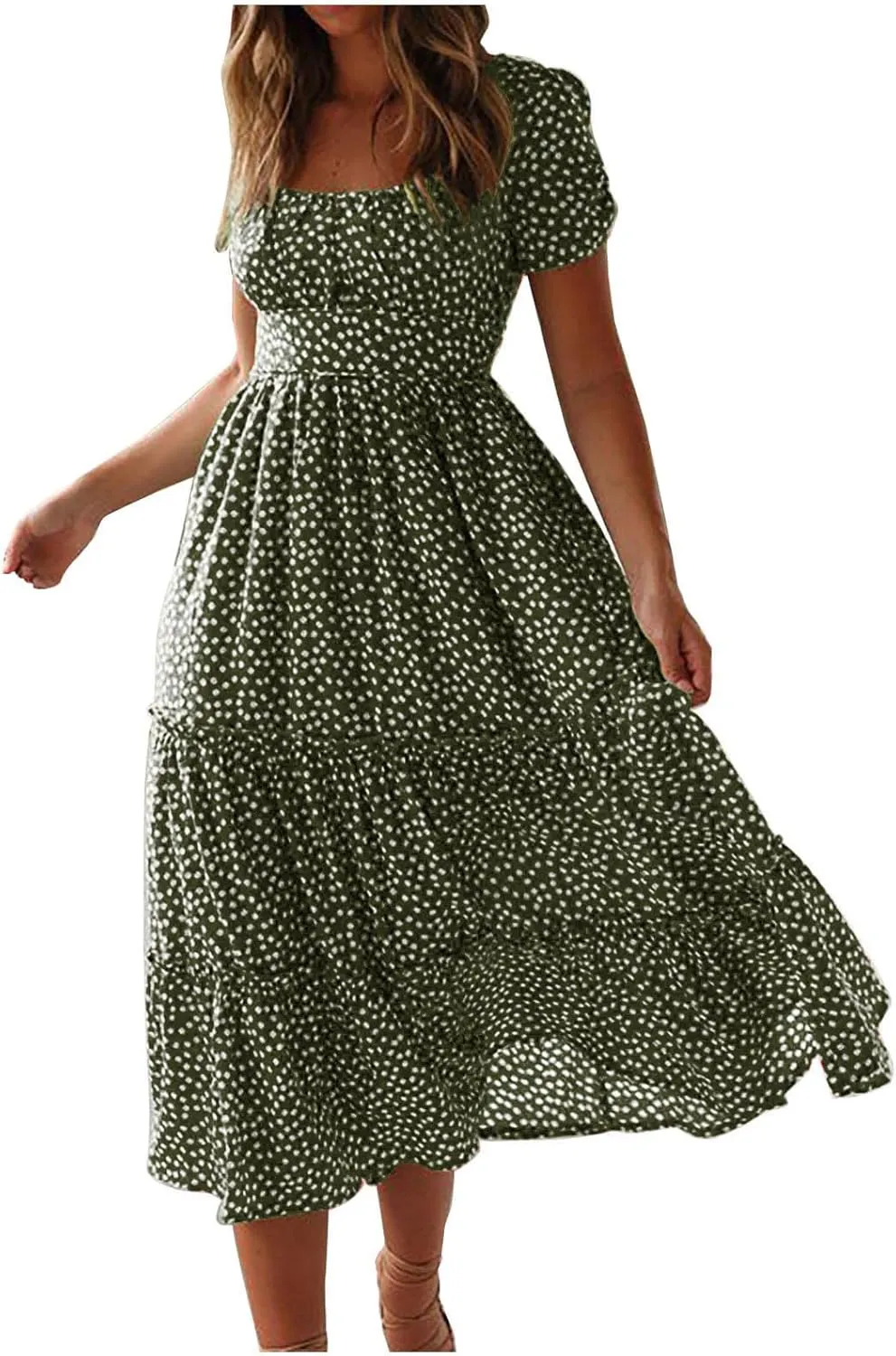 Womens Polka Dot Dress Summer Casual Square Neck High Waist Tiered Flowy Long Dresses Boho A Line Beach Dress