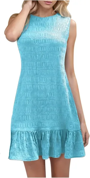 Women's Ruffle Hem Tank Dress Round Neck Sleeveless Casual Smocked Sundress 2025 Summer Trendy Mini Dresses