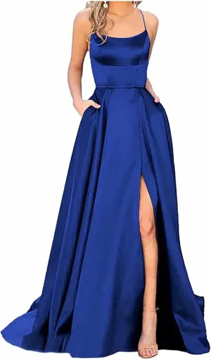 Women's Satin Dresses Long Ball Gown with Slit Backless Spaghetti Straps Formal Evening Dress for Wedding