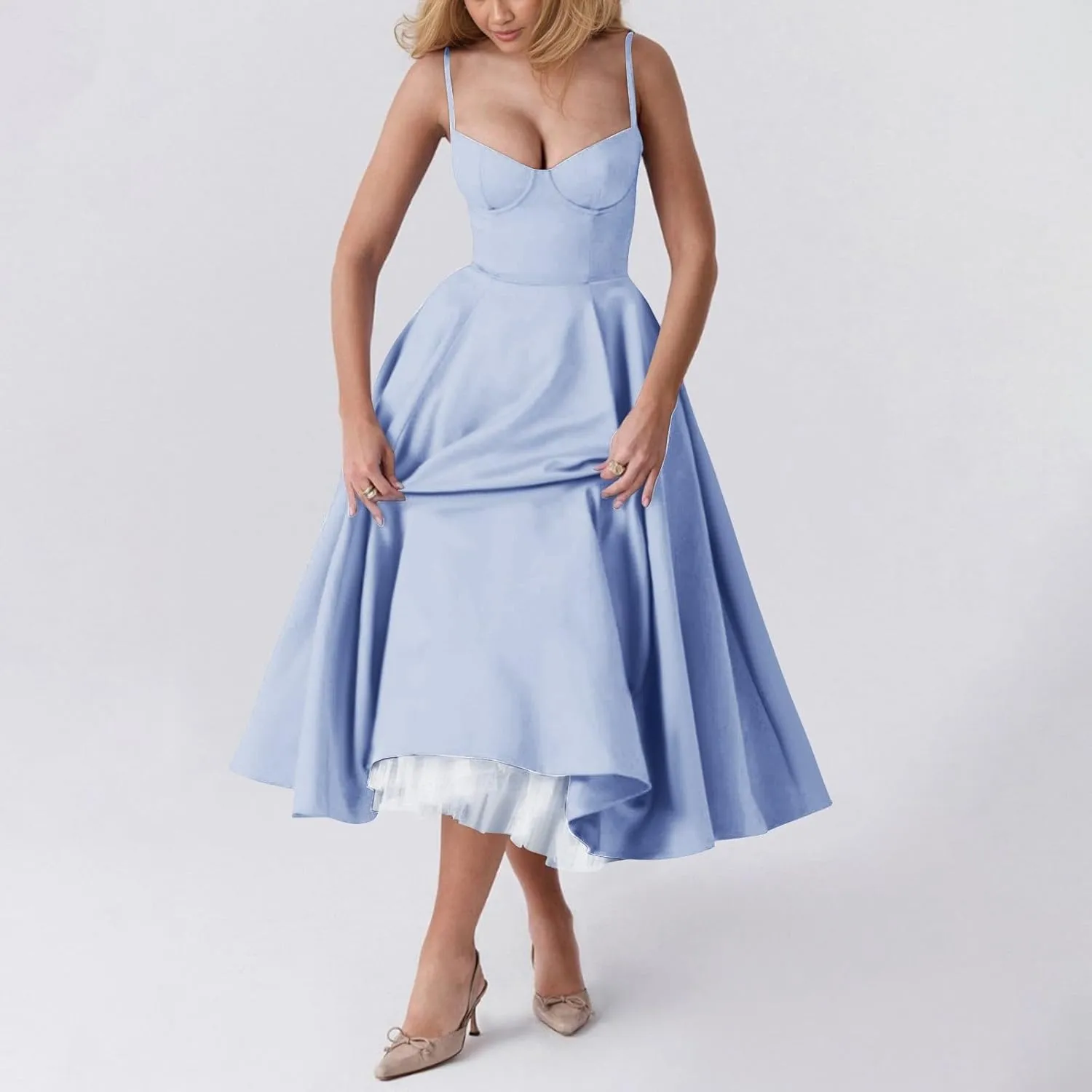 Womens Sexy Spaghetti Strap Bustier Corset Dress Flowy Pleated Dresses Double Mesh Layered Suspender Princess Dress