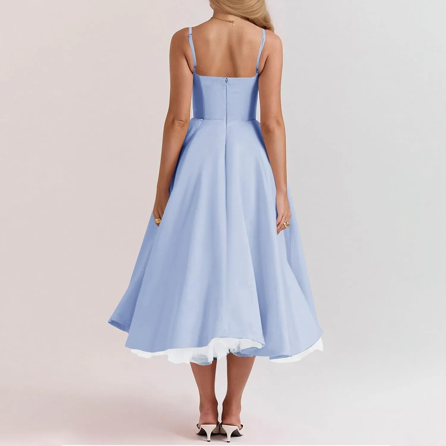 Womens Sexy Spaghetti Strap Bustier Corset Dress Flowy Pleated Dresses Double Mesh Layered Suspender Princess Dress