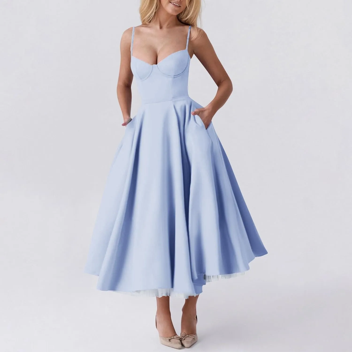Womens Sexy Spaghetti Strap Bustier Corset Dress Flowy Pleated Dresses Double Mesh Layered Suspender Princess Dress