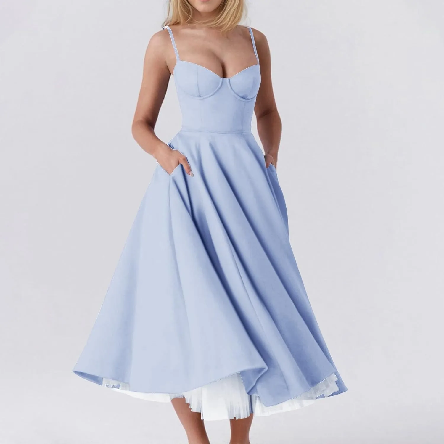 Womens Sexy Spaghetti Strap Bustier Corset Dress Flowy Pleated Dresses Double Mesh Layered Suspender Princess Dress