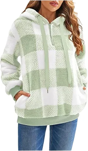Womens Sherpa Pullover Oversized Fuzzy Hoodie Double Fleece Sweatshirts Fluffy Buffalo Plaid Outerwear with Pockets