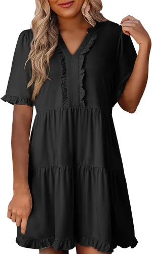 Womens Short Sleeve Dress Summer Casual V Neck Ruffle A Line Shift Dress Spring Flowy Swing Tiered Mini Dresses