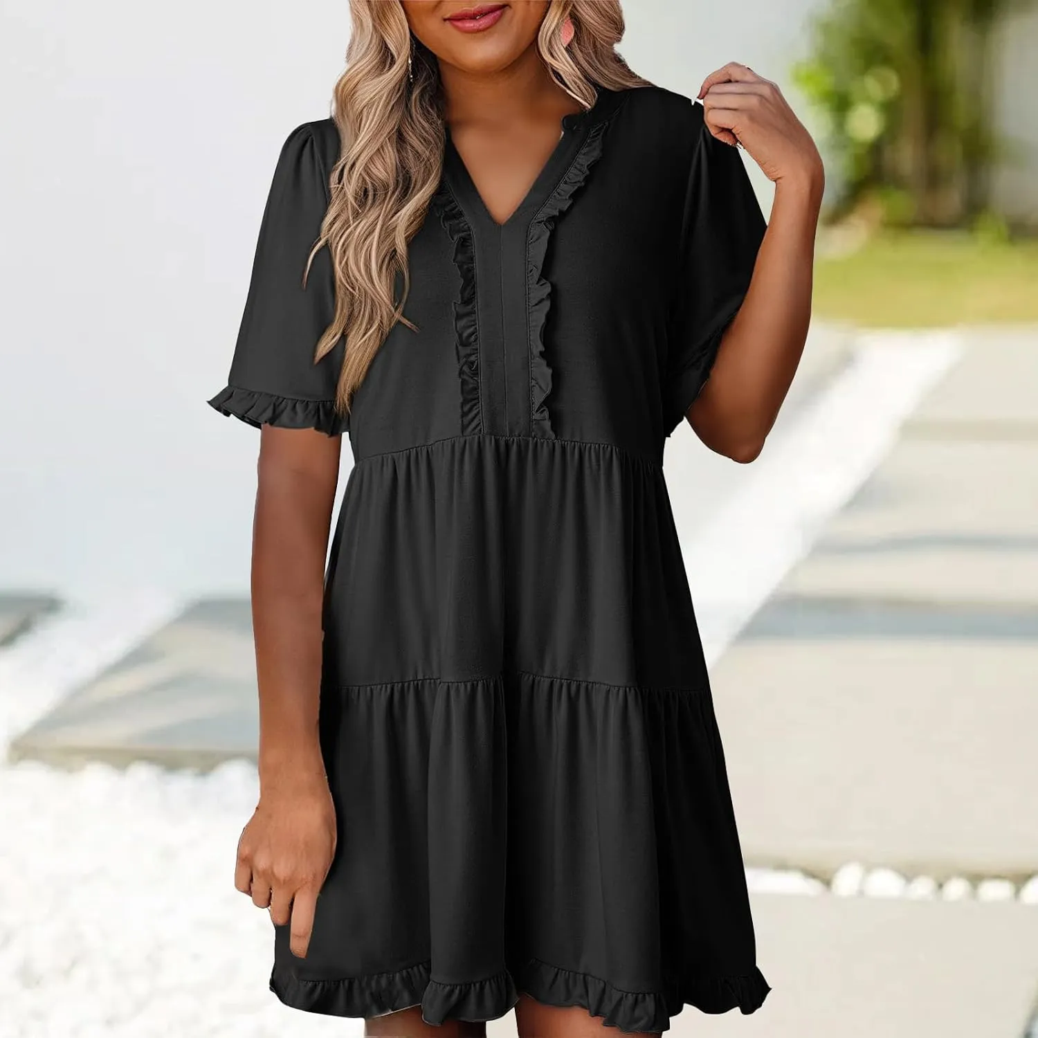Womens Short Sleeve Dress Summer Casual V Neck Ruffle A Line Shift Dress Spring Flowy Swing Tiered Mini Dresses