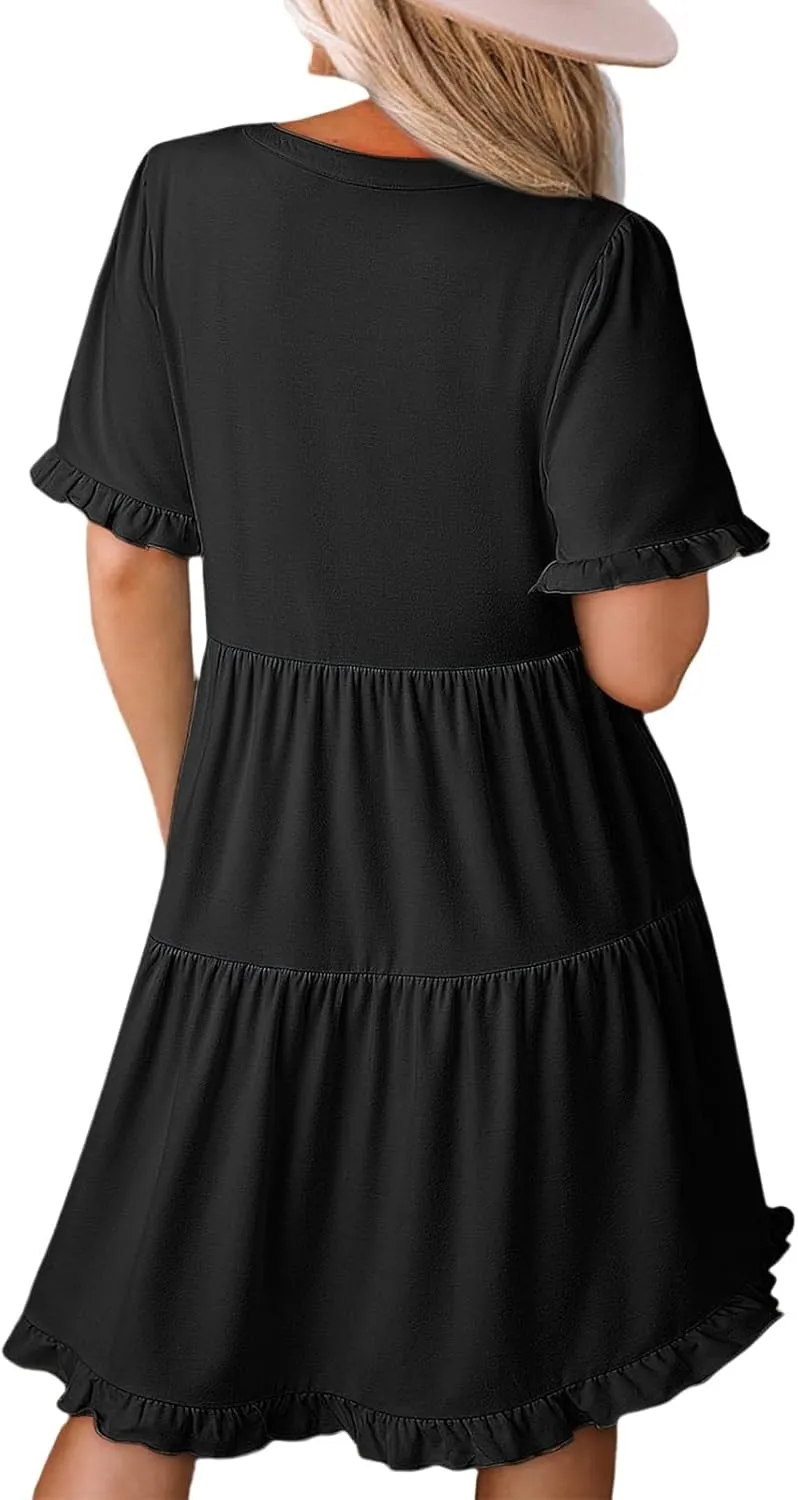 Womens Short Sleeve Dress Summer Casual V Neck Ruffle A Line Shift Dress Spring Flowy Swing Tiered Mini Dresses