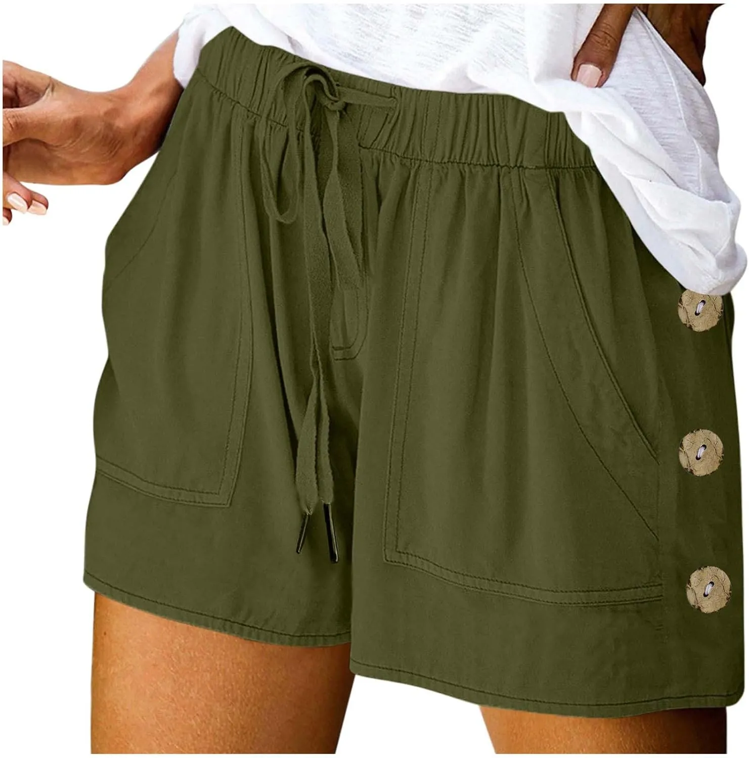 Womens Shorts Comfy Drawstring High Waist Cotton Shorts Solid Lounge Summer Beach Trouser Short with Button Pockets
