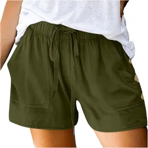 Womens Shorts Comfy Drawstring High Waist Cotton Shorts Solid Lounge Summer Beach Trouser Short with Button Pockets
