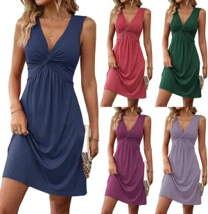 Women's Sleeveless Dress V Neck Twist Knot Tank Dresses Summer Sexy Elegant A Line Sundress Beach Party Dress