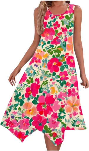 Womens Sleeveless Floral Dress Summer Casual Sundress Handkerchief Hem A Line Swing Beach Midi Dress