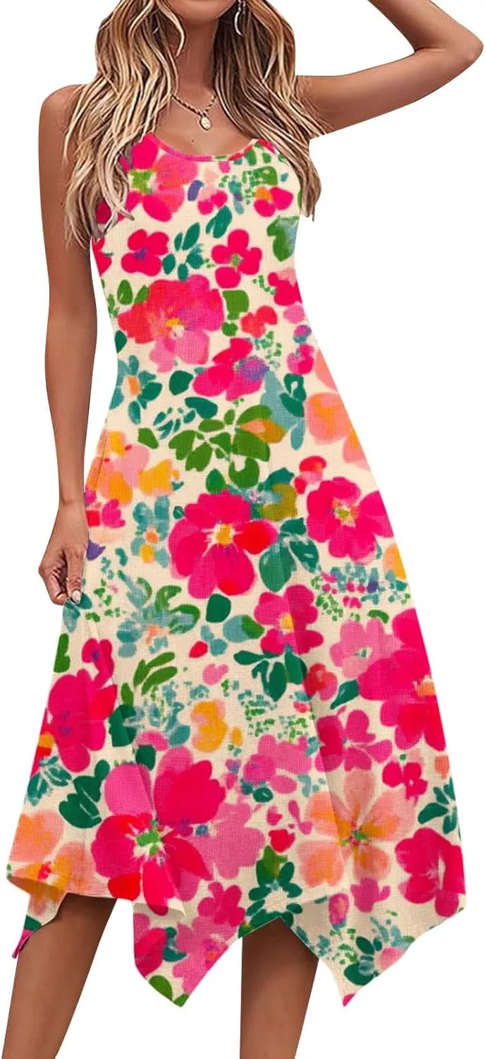 Womens Sleeveless Floral Dress Summer Casual Sundress Handkerchief Hem A Line Swing Beach Midi Dress