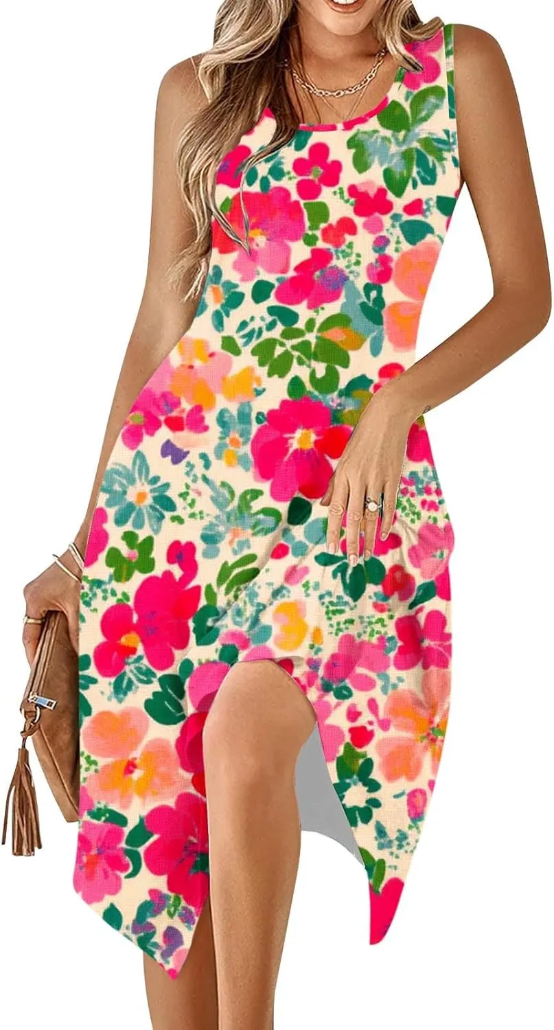 Womens Sleeveless Floral Dress Summer Casual Sundress Handkerchief Hem A Line Swing Beach Midi Dress