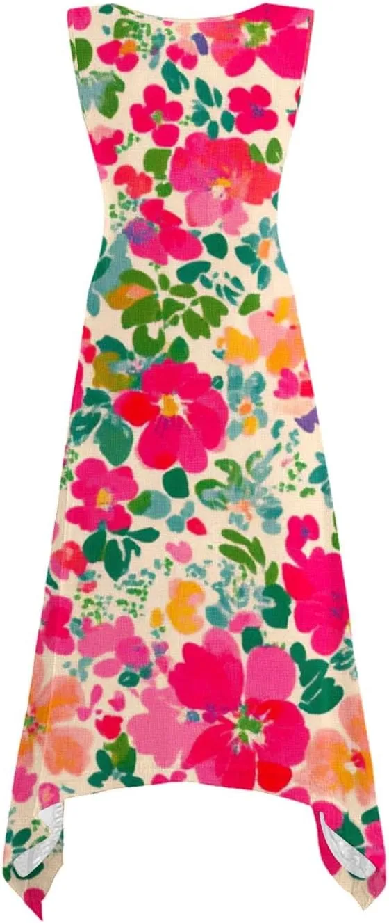 Womens Sleeveless Floral Dress Summer Casual Sundress Handkerchief Hem A Line Swing Beach Midi Dress