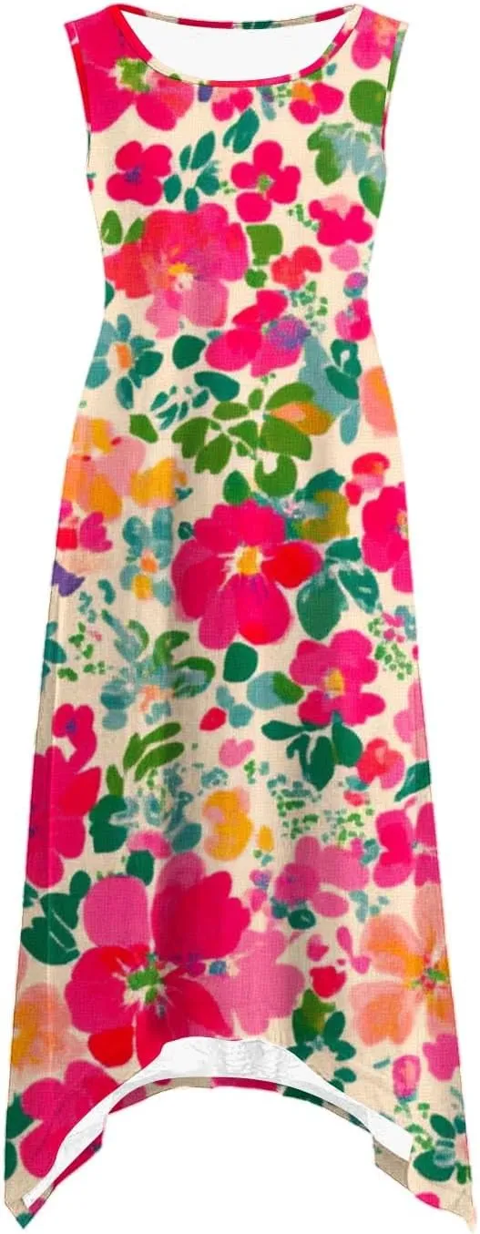 Womens Sleeveless Floral Dress Summer Casual Sundress Handkerchief Hem A Line Swing Beach Midi Dress