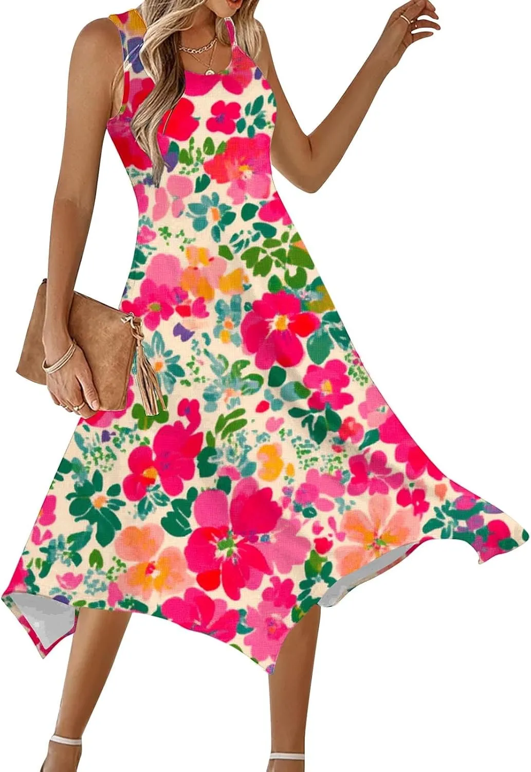 Womens Sleeveless Floral Dress Summer Casual Sundress Handkerchief Hem A Line Swing Beach Midi Dress