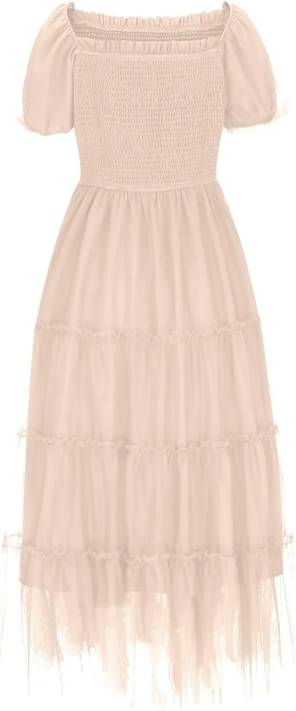 Women's Smocked Midi Tulle Dress Puff Short Sleeve Square Neck Wedding Party Dresses Ruffle Tiered Beach Sundress