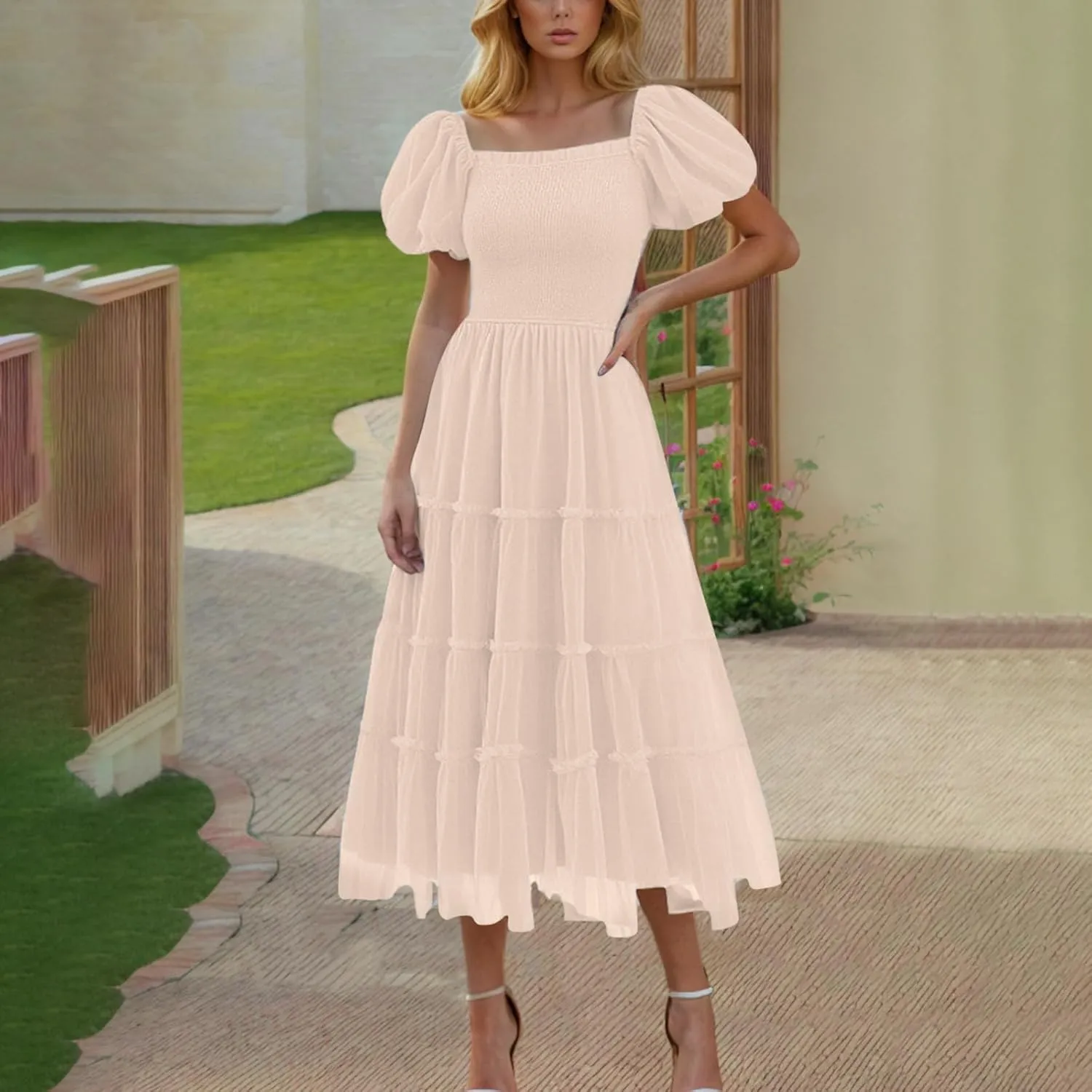 Women's Smocked Midi Tulle Dress Puff Short Sleeve Square Neck Wedding Party Dresses Ruffle Tiered Beach Sundress