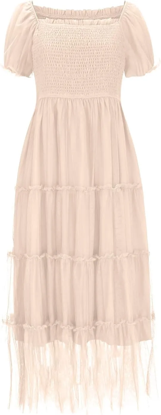 Women's Smocked Midi Tulle Dress Puff Short Sleeve Square Neck Wedding Party Dresses Ruffle Tiered Beach Sundress