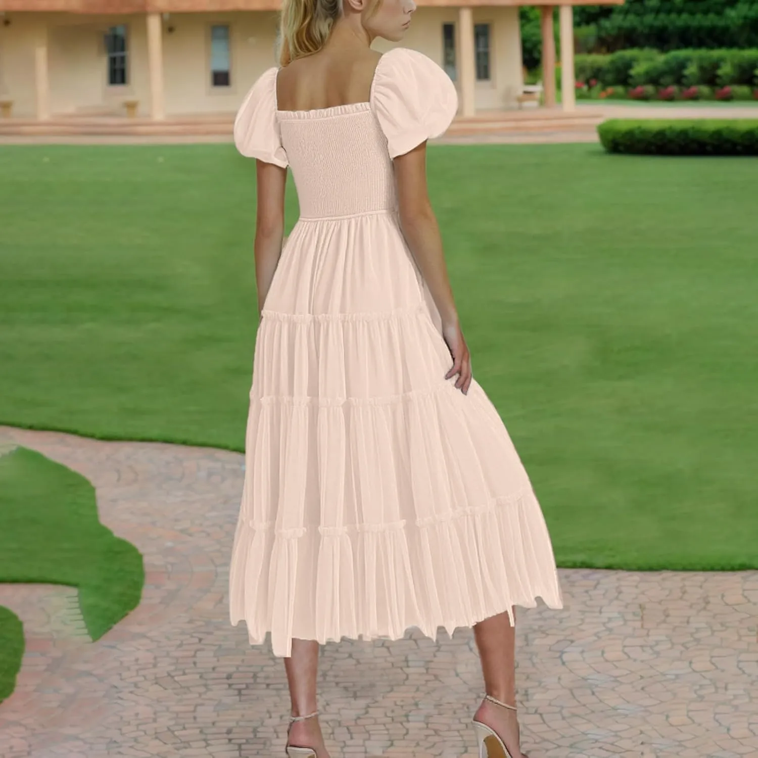 Women's Smocked Midi Tulle Dress Puff Short Sleeve Square Neck Wedding Party Dresses Ruffle Tiered Beach Sundress