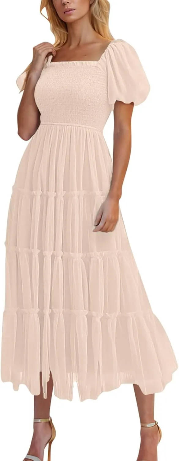 Women's Smocked Midi Tulle Dress Puff Short Sleeve Square Neck Wedding Party Dresses Ruffle Tiered Beach Sundress