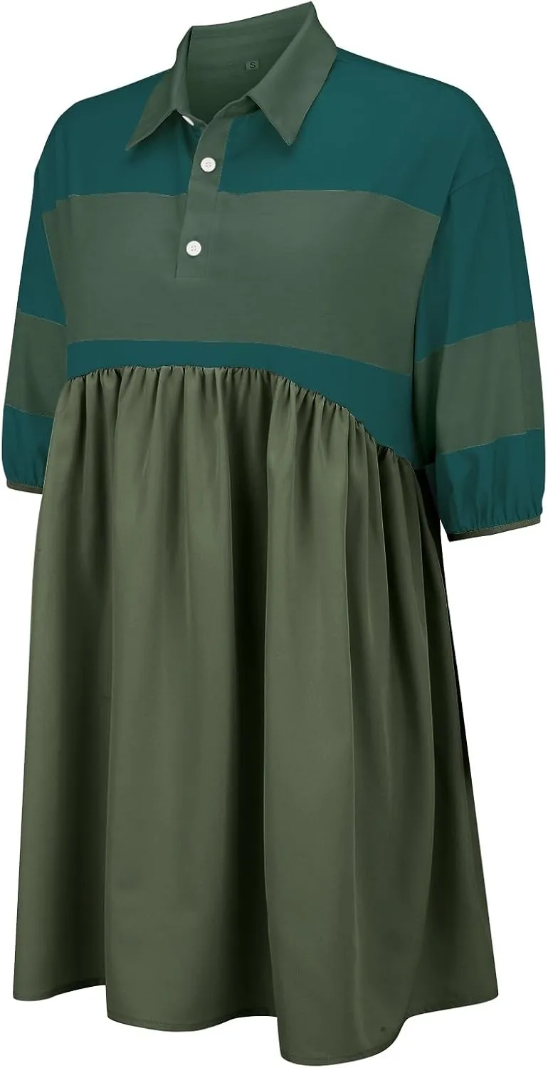 Womens Summer Babydoll Dresses Oversized Casual Short Sleeve Color Block Collared V Neck Flowy Shirt Mini Dress Plus