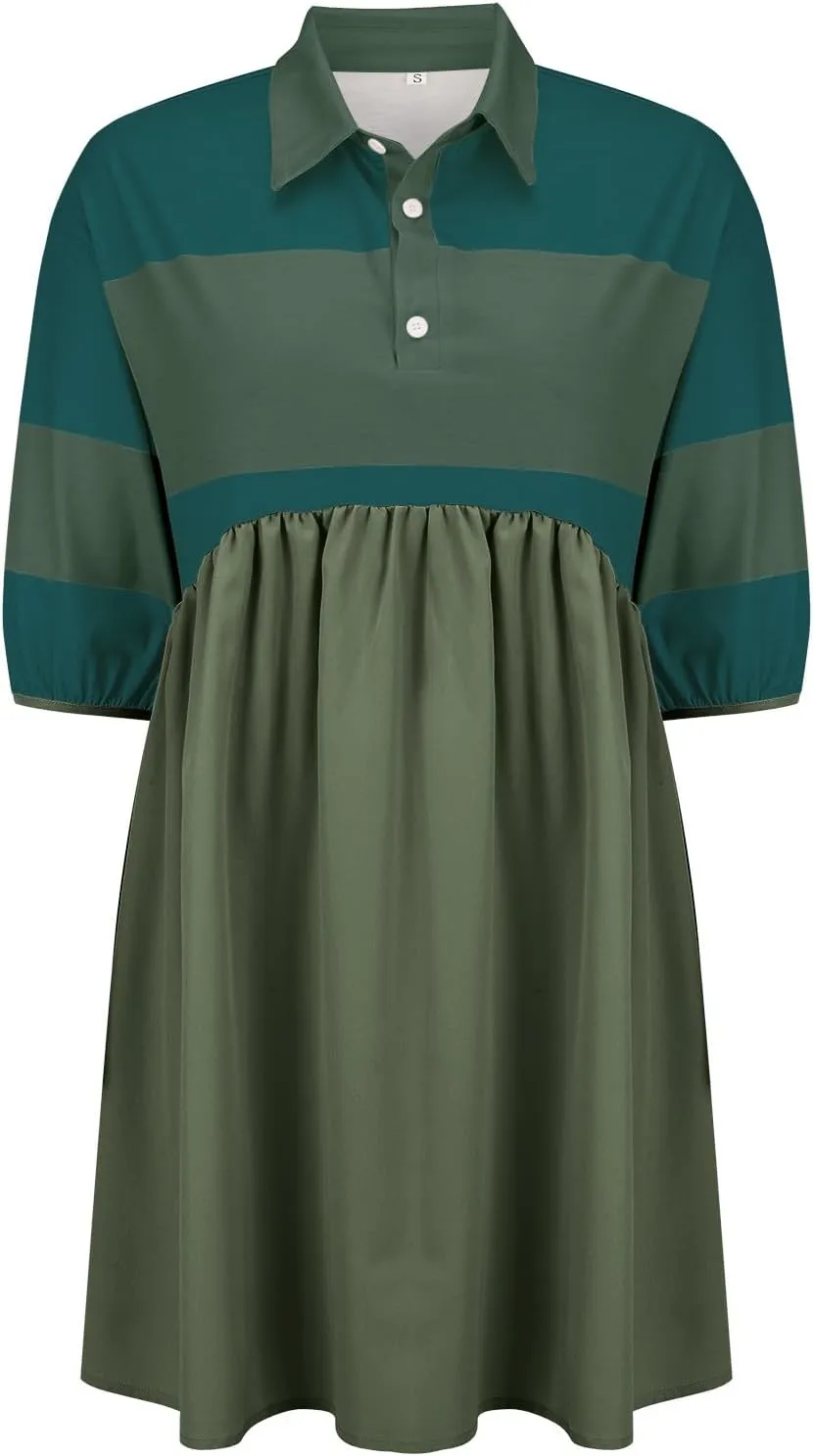 Womens Summer Babydoll Dresses Oversized Casual Short Sleeve Color Block Collared V Neck Flowy Shirt Mini Dress Plus