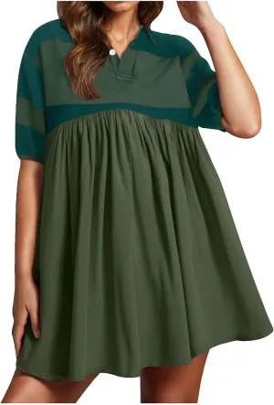 Womens Summer Babydoll Dresses Oversized Casual Short Sleeve Color Block Collared V Neck Flowy Shirt Mini Dress Plus
